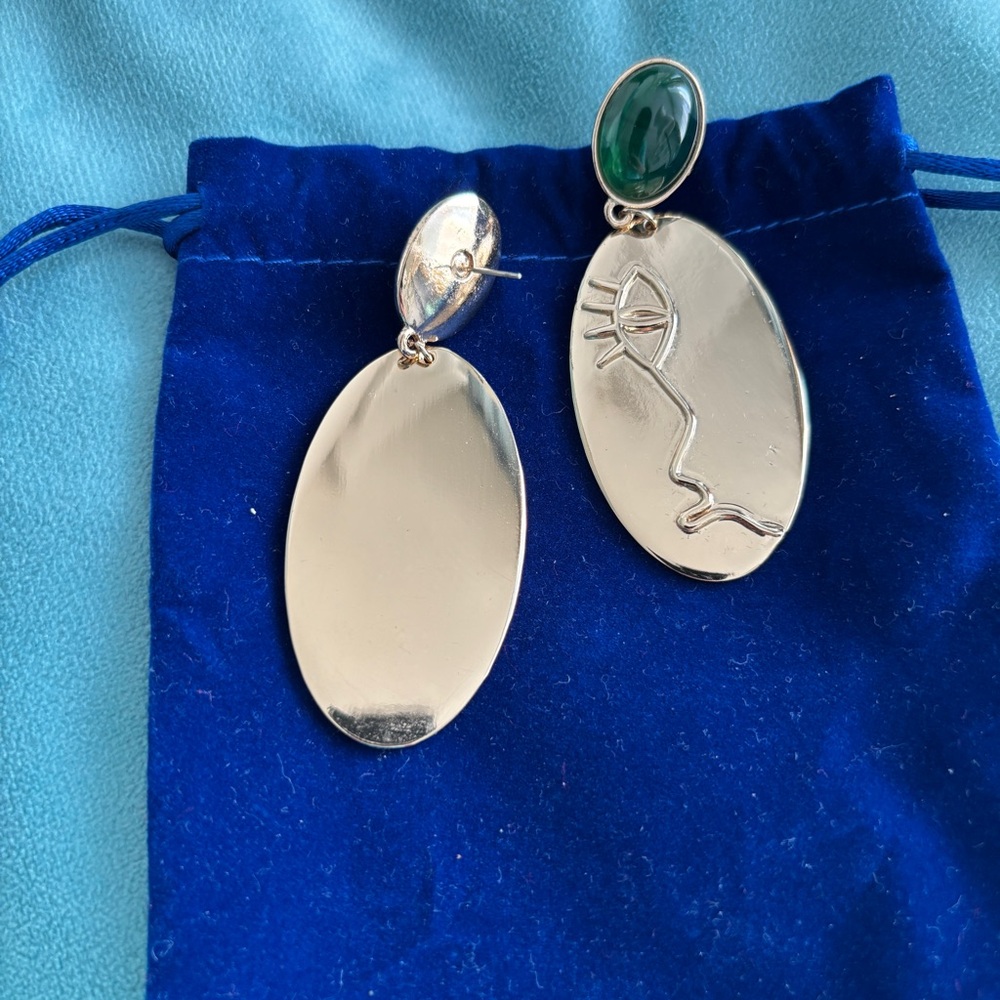 Mango Abstract Face Drop Earrings with Green Cabochons - Picture 3 of 3
